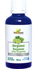 Amber glass bottle of New Roots Bergamot Essential Oil (30 mL) with a black cap, featuring a white label displaying the New Roots logo and product name, set against a clean white background.