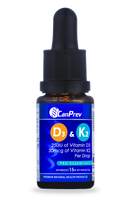 A bottle of CanPrev D3 & K2 Vital Drops, displaying key information about the product, including the doses of vitamin D3 and K2 per drop.