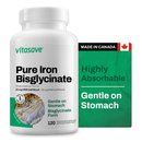 A bottle of Vitasave Pure Iron Bisglycinate 25 mg with the label showing the product name and the statement 'Gentle on Stomach'. There is also a 'Made in Canada' badge displayed.
