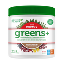 Genuine Health Greens+ Extra Energy Natural Cappuccino powder container, 441 grams, with vibrant green and brown label.