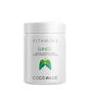 A container of Codeage Lungs Vitamins, which is a dietary supplement designed to support respiratory function and lung health. The container is labeled with the brand name and the product name, and it contains 90 capsules.