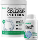 Two products from Vitasave, a container of Pure Hydrolyzed Collagen Peptides and a bottle of Pure NMN, both designed for anti-aging purposes.