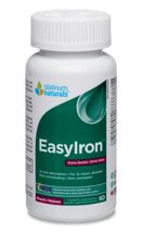 Bottle of Platinum EasyIron Extra Gentle 60 VCaps – gentle iron supplement designed for sensitive stomachs, supports energy and red blood cell production.