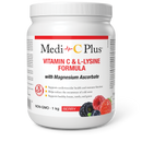 Bottle of Medi-C Plus Vitamin C & L-Lysine Formula with Magnesium Ascorbate in berry flavor, showing the label and supplement facts.