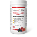 Close-up of Medi-C Plus berry-flavored vitamin supplement featuring Vitamin C, L-Lysine, and Magnesium Ascorbate for immune support.