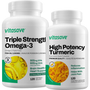 Two bottles of Vitasave supplements, one labeled as Triple Strength Omega-3 and the other as High Potency Turmeric, both with yellow and green label designs.