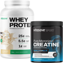 Two containers of Vitasave sports supplements, one labeled as Whey Protein with vanilla flavor and the other as Pure Micronized Creatine Monohydrate.