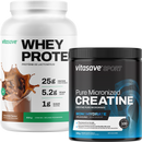 Two containers of Vitasave sports supplements, one labeled as Whey Protein in chocolate flavor and the other as Creatine Monohydrate, both are associated with athletic performance and muscle building.
