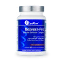 A bottle of CanPrev Resvera-Pro Cellular Defence Complex dietary supplement containing 60 vegetable capsules.