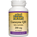 "Natural Factors Coenzyme Q10 200 mg Softgels in a clear bottle, highlighting the softgel's size and amber hue, emphasizing its role in supporting heart health and cellular energy."