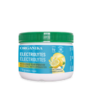 Front view of Organika Electrolytes - Classic Lemonade (210 g) container, featuring bright yellow and white packaging with lemon graphics and hydration benefits highlighted.