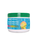 A container of Organika Electrolytes powder in Pink Lemonade flavor, with product information and branding visible.