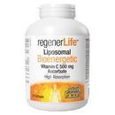 A bottle of Natural Factors RegenerLife Liposomal Bioenergetic Vitamin C 500 mg Ascorbate softgels containing 120 capsules.
