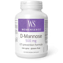 A bottle of WomenSense D-Mannose 500 mg capsules with a label indicating it is a UTI prevention formula, non-GMO and gluten-free, with 120 vegetarian capsules.
