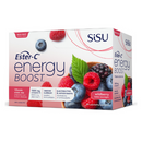 A box of Sisu Ester-C Energy Boost Wildberry Drink Mix with images of berries and a leaf on the front.