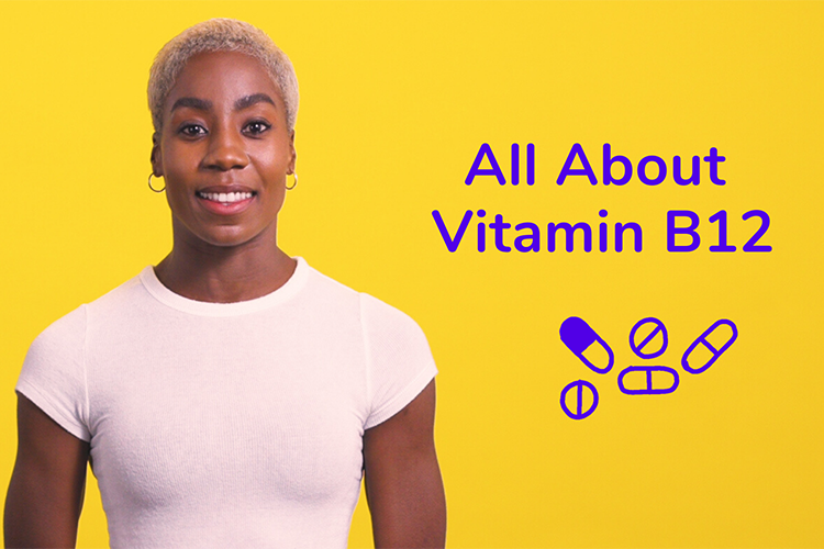 Vitatips guide cover titled 'What You Need to Know About Vitamin B12' featuring colorful vitamin B12 capsules and infographic-style icons highlighting key facts about benefits, sources, and supplementation.