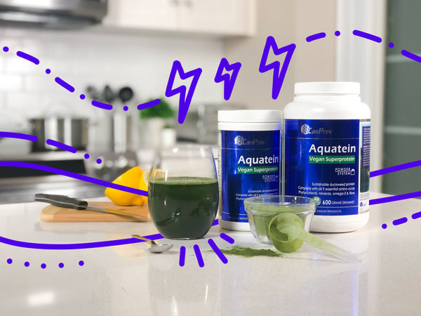 CanPrev Superprotein powder on a kitchen counter, symbolizing a clean, plant-based protein source packed with essential nutrients for strength and recovery.