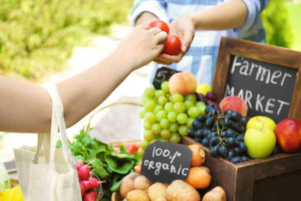 Close-up of a Whole Food Nutrition tablet surrounded by fresh fruits, vegetables, and grains, symbolizing natural vitamins and minerals in a convenient supplement form.