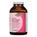Flora Organic Red Beet Crystals 200g jar showcasing its vibrant red hue and transparent packaging, emphasizing its natural, organic beet juice origin.
