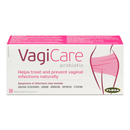 Packaging of Flora Vagicare Probiotic which includes 10 capsules for treating and preventing vaginal infections.