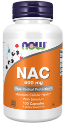 A bottle of NOW NAC 600 mg with Selenium dietary supplement containing 100 capsules.