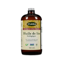 A bottle of Flora Organic Flax Oil with a label showing the brand name and 'Organic' badge, indicating it is gluten-free. The bottle is 250 ml in size.