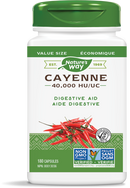 A bottle of Nature's Way Cayenne 450 mg capsules with 180 capsules per bottle.