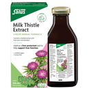 Packaging of Salus Milk Thistle Liquid Extract, featuring a box and bottle with green and purple colors, and an image of milk thistle plants.