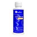A bottle of CanPrev Curcumin 100 Liposomal supplement in tangerine peach flavor, with a blue and white label, and a white cap.