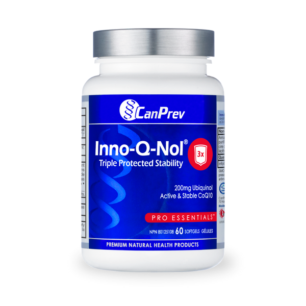 A bottle of CanPrev Inno-Q-Nol 200mg with 60 softgels, featuring the brand logo and product information on the label.