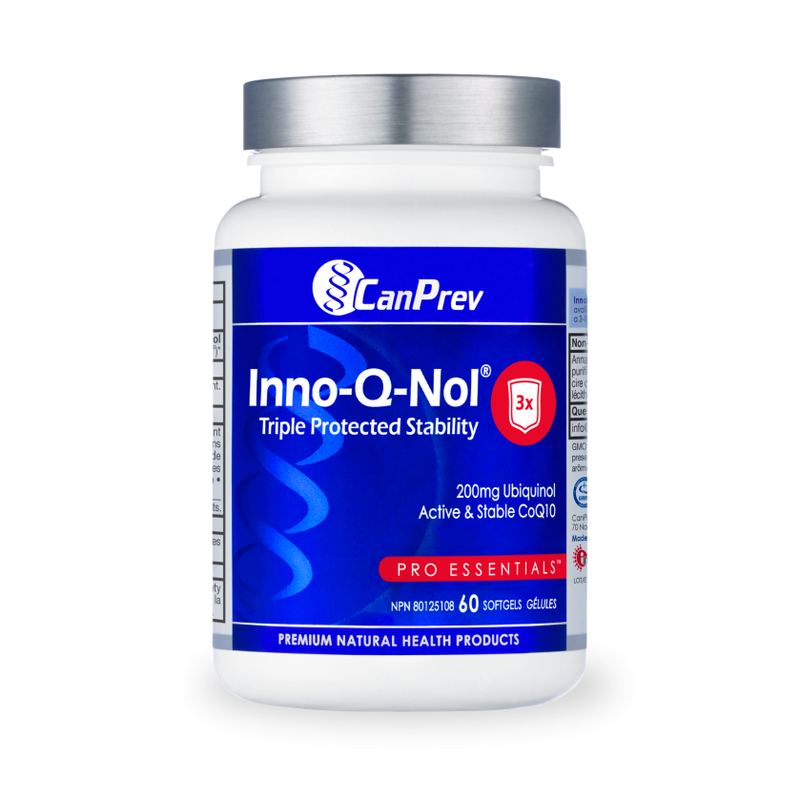 A bottle of CanPrev Inno-Q-Nol 200mg with 60 softgels, featuring the brand logo and product information on the label.