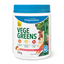 Progressive VegeGreens Strawberry Banana Powder - A vibrant blend of strawberry and banana flavored greens powder in a scoop, with the packaging in the background.