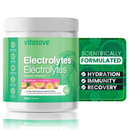 A container of Vitasave Electrolytes in Pink Lemonade flavor, with key visual elements highlighted such as hydration, immunity, and recovery.