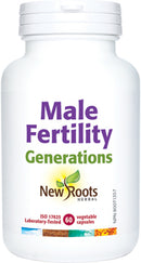 A bottle of New Roots Male Fertility Generations supplement with 60 capsules.