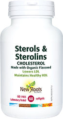 A bottle of New Roots Herbal's Sterols & Sterolins Cholesterol softgels with a white label, green text, and a red cap.