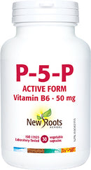A bottle of New Roots P-5-P Active Form Vitamin B6 50 mg with 30 vegetable capsules.