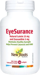 New Roots Herbal EyeSurance dietary supplement for vision support, 60 softgel capsules in white bottle.