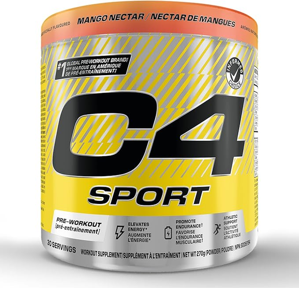C4 Sport Pre Workout Mango Nectar enhances energy and performance.
