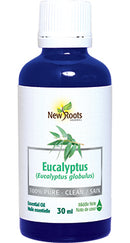 A blue bottle labeled 'New Roots Eucalyptus Essential Oil (30 mL)'