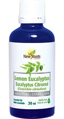 New Roots - Lemon Eucalyptus Essential Oil (30 mL) bottle with a fresh lemon and eucalyptus leaf background, showcasing its natural and refreshing aroma.