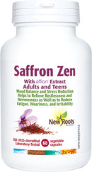 A bottle of New Roots Saffron Zen with 60 vegetable capsules, featuring saffron threads and flowers on the label.