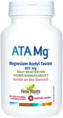 A bottle of New Roots - ATA Mg (Magnesium Acetyl Taurate) with 30 capsules. The label is white with blue and green text, and it's presented against a plain background.