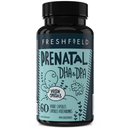 A bottle of Freshfield Prenatal DHA & DPA dietary supplement with 60 vegan capsules.