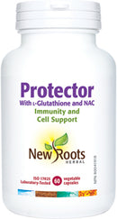 A bottle of New Roots Herbal's Protector supplement with 500 mg dosage, containing 60 vegetable capsules. The label indicates that the product supports immunity and cell support.