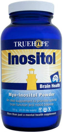 A blue plastic bottle with a white cap labeled 'Inositol' by Truehope with visuals indicating it's for 'Brain Health'. The container has 300g of myo-inositol powder inside.