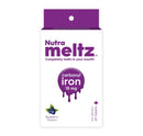 Packaging of Nutrameltz Carbonyl Iron 18 mg Blueberry flavor dietary supplement with 60 tablets.