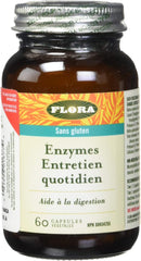 Bottle against white background – Brown supplement bottle centered on a white backdrop, showing the brand logo “Flora” in green on a yellow band, and below detailing the enzyme blend and capsule count.