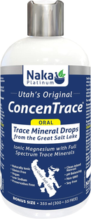 Naka Platinum Concen Trace Mineral Drops 355ml bottle with label highlighting '300ml + 55ml FREE' bonus size, featuring a clean, minimalist design and clear dosage instructions