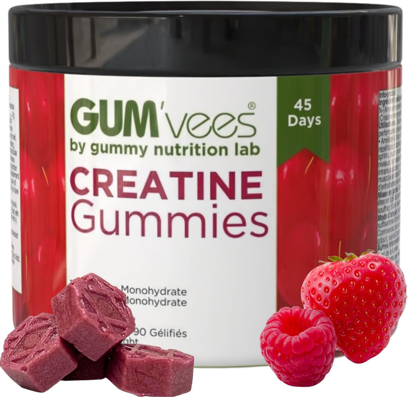 Gumvees Creatine Gummies container with gummies and strawberries on a white background