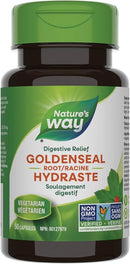 A bottle of Nature's Way Goldenseal Root capsules with green and white labeling, indicating digestive relief.